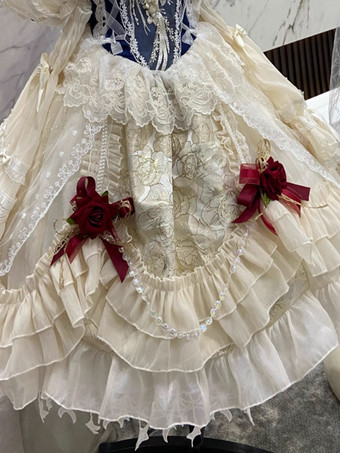 ゴシックロリータドレス レースフリル カラーブロック エクリュホワイト エクリュホワイト