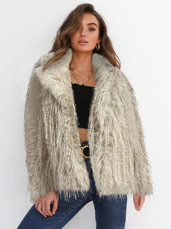 フリンジ付きフェイクファーコート ノッチラペル 環境に優しい女性用冬用ジャケット 2025