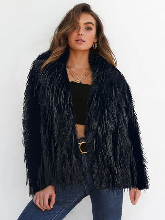 フリンジ付きフェイクファーコート ノッチラペル 環境に優しい女性用冬用ジャケット 2025