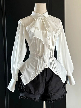 ホワイト ゴシックロリータブラウス ロリータトップ フリル 長袖ブラウス ホワイトロリータシャツ