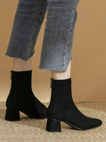 Stivaletti alla caviglia color albicocca stivaletti in pelle scamosciata con punta quadrata e tacco spesso