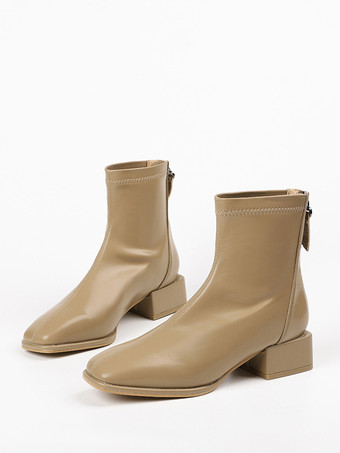 カーキ レディース アンクルブーツ カーキ ジップアップ スクエアトゥ チャンキーヒール ブーティ