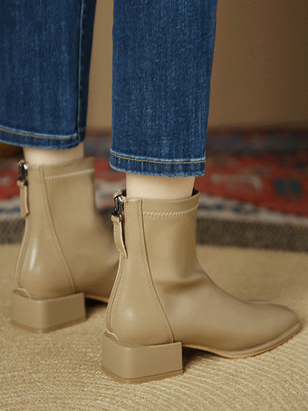 レディース アンクルブーツ カーキ ジップアップ スクエアトゥ チャンキーヒール ブーティ