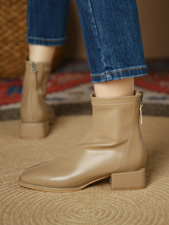 レディース アンクルブーツ カーキ ジップアップ スクエアトゥ チャンキーヒール ブーティ