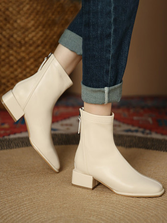 レディース アンクルブーツ カーキ ジップアップ スクエアトゥ チャンキーヒール ブーティ