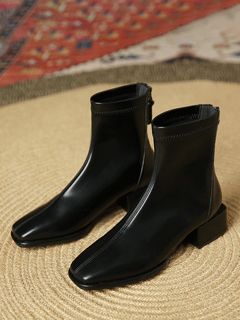 ブラック レディース アンクルブーツ カーキ ジップアップ スクエアトゥ チャンキーヒール ブーティ