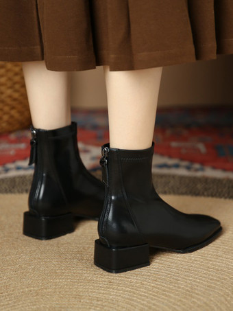 レディース アンクルブーツ カーキ ジップアップ スクエアトゥ チャンキーヒール ブーティ