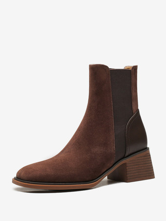 ブラウン スエード チェルシーブーツ レディース スクエアトゥ チャンキーヒール アンクルブーツ