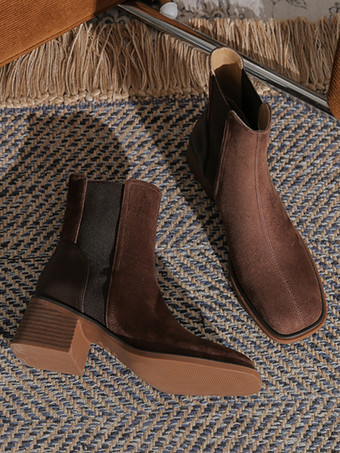 スエード チェルシーブーツ レディース スクエアトゥ チャンキーヒール アンクルブーツ