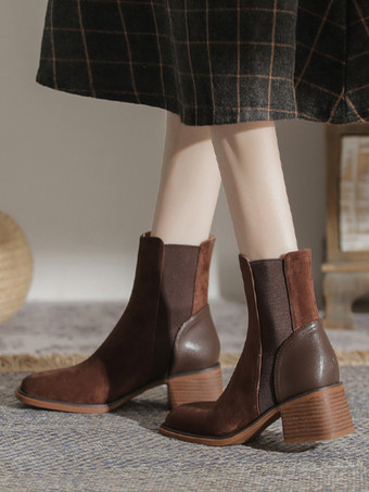 スエード チェルシーブーツ レディース スクエアトゥ チャンキーヒール アンクルブーツ