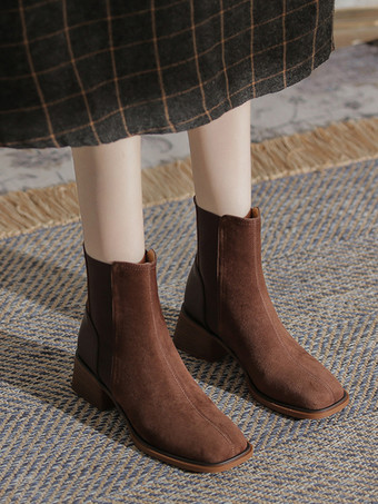 スエード チェルシーブーツ レディース スクエアトゥ チャンキーヒール アンクルブーツ