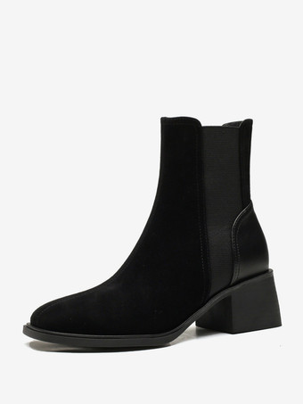 ブラック スエード チェルシーブーツ レディース スクエアトゥ チャンキーヒール アンクルブーツ