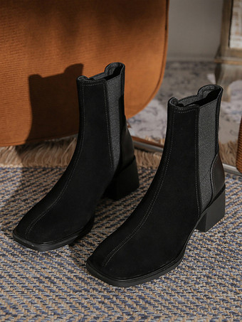 スエード チェルシーブーツ レディース スクエアトゥ チャンキーヒール アンクルブーツ