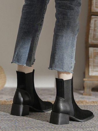 スエード チェルシーブーツ レディース スクエアトゥ チャンキーヒール アンクルブーツ