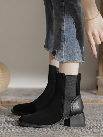 スエード チェルシーブーツ レディース スクエアトゥ チャンキーヒール アンクルブーツ