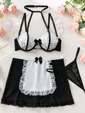 女性メイドコスチュームスカートTバックトップサーバントガールブラセット