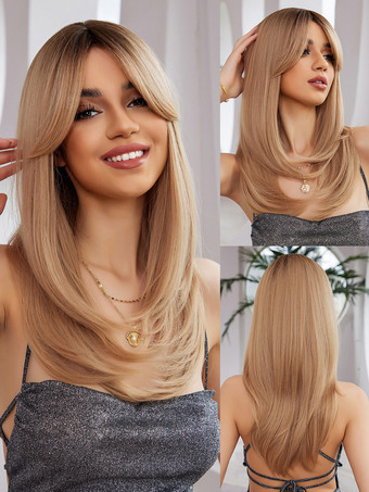 女性用ロングウィッグ ライトゴールド 耐熱ファイバー ミディアム 合成ウィッグ
