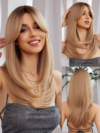 ライトゴール女性用ロングウィッグ ライトゴールド 耐熱ファイバー ミディアム 合成ウィッグ