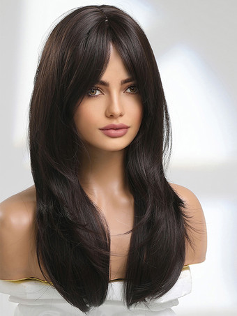 女性用ロングウィッグ タン 耐熱ファイバー ミディアム 合成ウィッグ