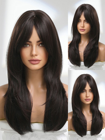 女性用ロングウィッグ タン 耐熱ファイバー ミディアム 合成ウィッグ