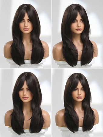女性用ロングウィッグ タン 耐熱ファイバー ミディアム 合成ウィッグ
