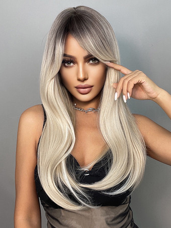 女性用ロングウィッグ ライトゴールド 耐熱ファイバー ロング合成ウィッグ