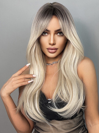 女性用ロングウィッグ ライトゴールド 耐熱ファイバー ロング合成ウィッグ