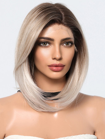 女性用ロングウィッグ ライトゴールド 耐熱ファイバー ショート合成ウィッグ