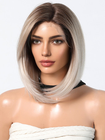 女性用ロングウィッグ ライトゴールド 耐熱ファイバー ショート合成ウィッグ