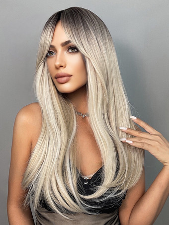 女性用ロングウィッグ ライトゴールド 耐熱ファイバー ロング合成ウィッグ