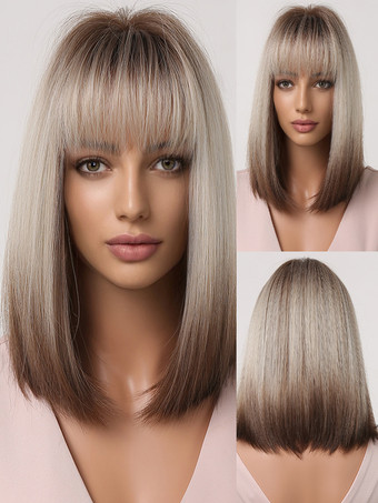 ライトゴール合成ウィッグ ライトゴールド 耐熱ファイバー ミディアム レディース ショートウィッグ 女性用