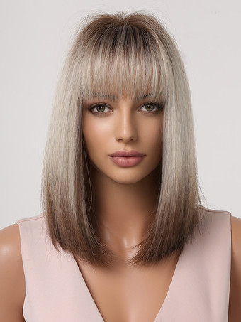 合成ウィッグ ライトゴールド 耐熱ファイバー ミディアム レディース ショートウィッグ 女性用