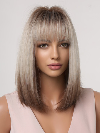 合成ウィッグ ライトゴールド 耐熱ファイバー ミディアム レディース ショートウィッグ 女性用