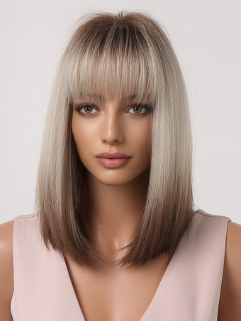 合成ウィッグ ライトゴールド 耐熱ファイバー ミディアム レディース ショートウィッグ 女性用