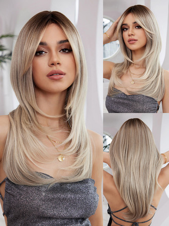 ライトグレー女性用ロングウィッグ ライトグレー 耐熱ファイバー ミディアム 合成ウィッグ