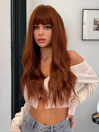 女性用ロングウィッグ マホガニー耐熱繊維 ロング合成ウィッグ