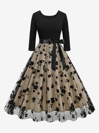 ブラック レトロドレス レッド 1950年代 オードリー ヘップバーン スタイル 花柄 サッシュ 7分袖 ジュエルネック ミディアム ロカビリー ドレス