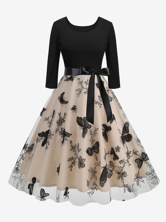 肌色レトロドレス レッド 1950年代 オードリー ヘップバーン スタイル 花柄 サッシュ 7分袖 ジュエルネック ミディアム ロカビリー ドレス