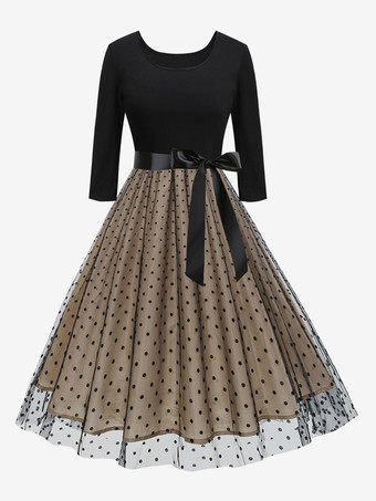 ライトブラウンレトロドレス レッド 1950年代 オードリー ヘップバーン スタイル 花柄 サッシュ 7分袖 ジュエルネック ミディアム ロカビリー ドレス