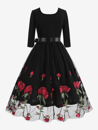 レトロドレス レッド 1950年代 オードリー ヘップバーン スタイル 花柄 サッシュ 7分袖 ジュエルネック ミディアム ロカビリー ドレス