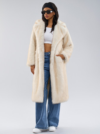 ホワイトフェイクファーコート ノッチラペル オーバーサイズ 冬用ロングジャケット レディース 2025