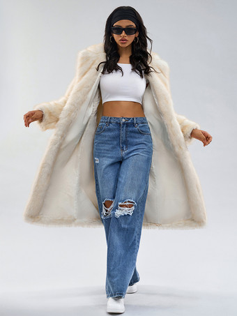 ホワイトフェイクファーコート ノッチラペル オーバーサイズ 冬用ロングジャケット レディース 2025