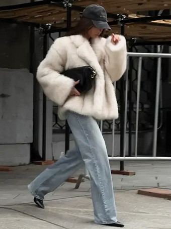 フェイクファーコート オーバーサイズ ノッチラペル ホワイト 冬用ジャケット レディース 2025