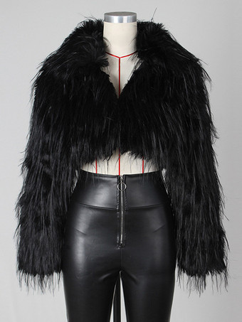 ブラック フリンジ付きフェイクファークロップドコート Vネック 冬ジャケット レディース 2025