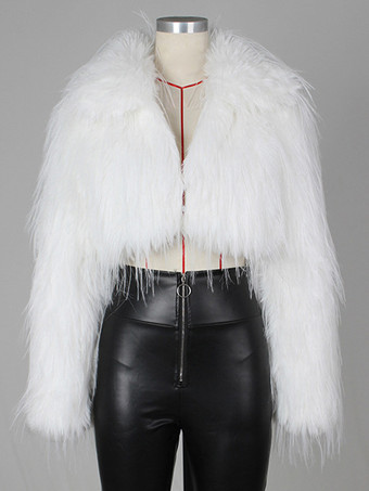 ホワイト フリンジ付きフェイクファークロップドコート Vネック 冬ジャケット レディース 2025