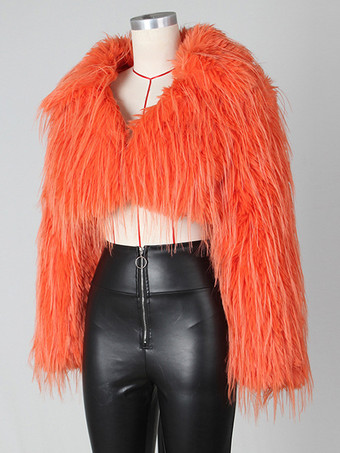 オレンジフリンジ付きフェイクファークロップドコート Vネック 冬ジャケット レディース 2025