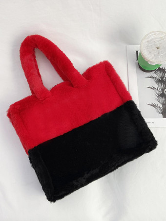 レッド＋ブラックレディースバッグ ローズフェイクファースクエアツートン