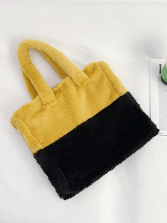 イエローレディースバッグ ローズフェイクファースクエアツートン