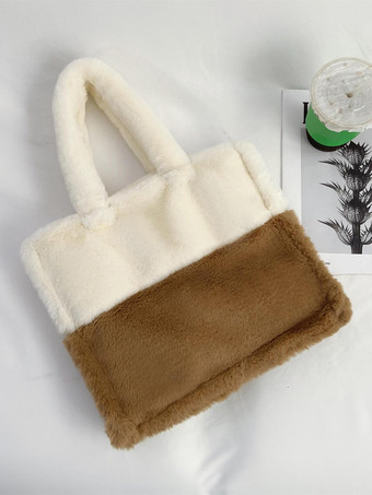 ブラウン レディースバッグ ローズフェイクファースクエアツートン