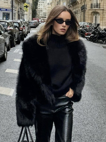 フェイクファーコート ブラック ウエスト上げ 長袖 フェイクファージャケット 冬用コート